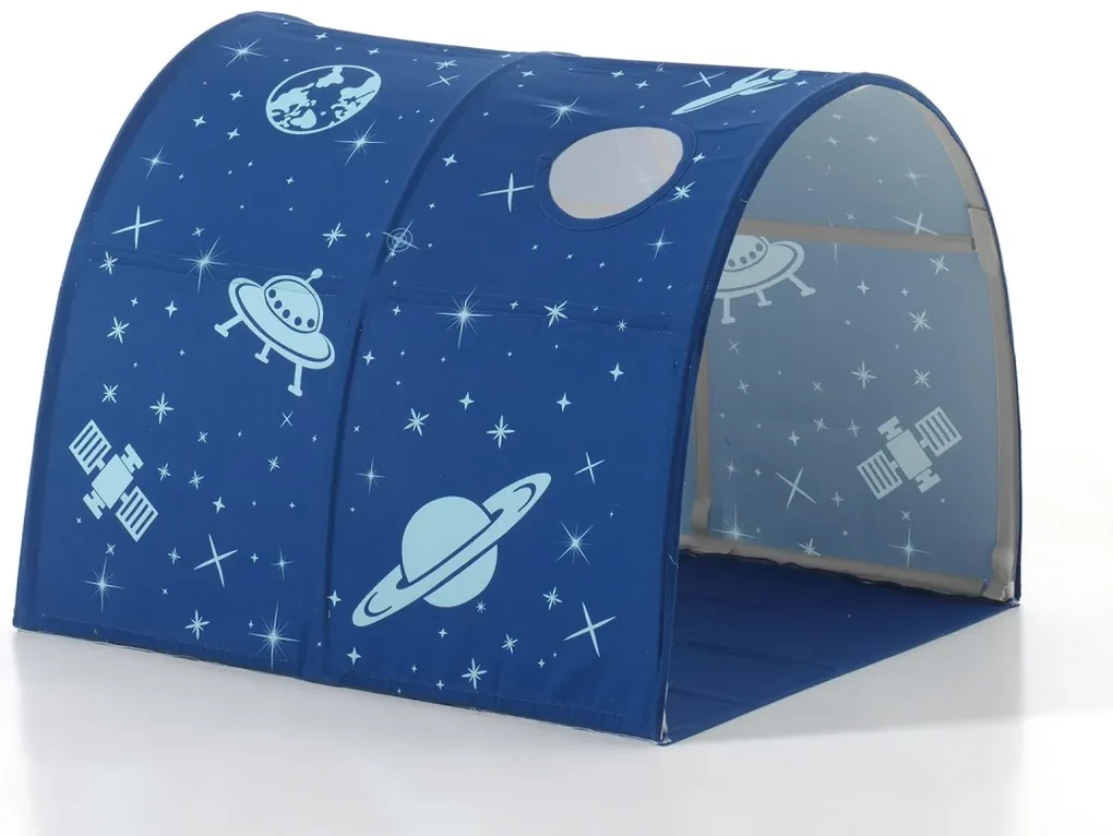 Pat ridicat pentru copii SCOTT, alb, 90 x 200 cm, din pin scandinav și MDF, cu scară frontală, tobogan, perdea de joacă și tunel ASTRO – Vipack