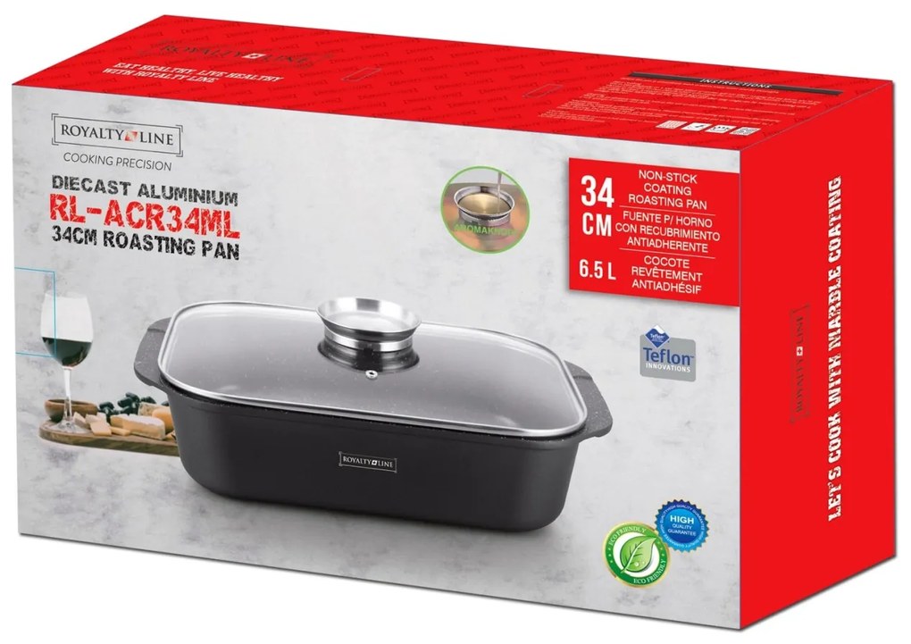 Tava roaster pentru cuptor cu capac termorezistent Royalty Line Rl-ACR34, 6 L, marmorata, neagra