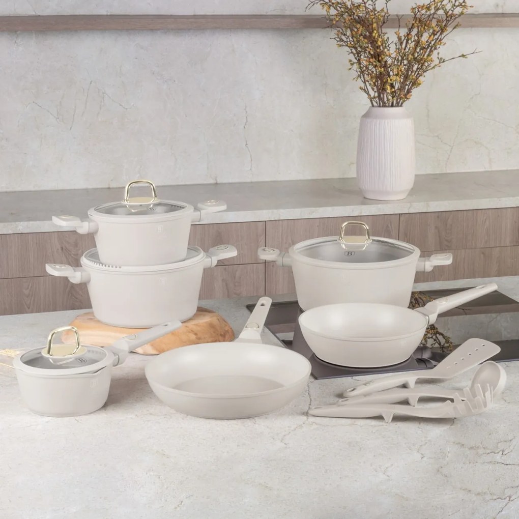 Set oale si tigai cu capace 15 piese Sahara Collection Berlinger Haus BH 8081, crem, antiaderente, curatare usoara, inductie, design elegant, premium