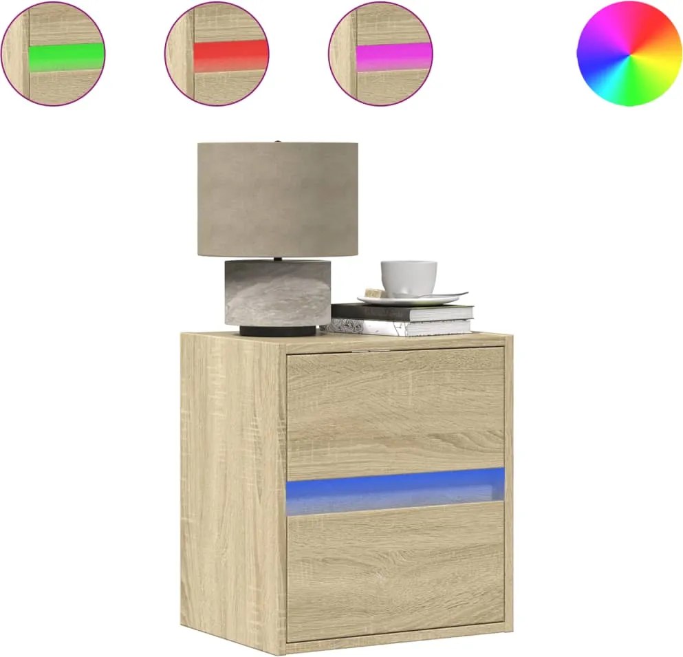 vidaXL Noptiere montate pe perete cu lumini LED, 2 buc., stejar sonoma