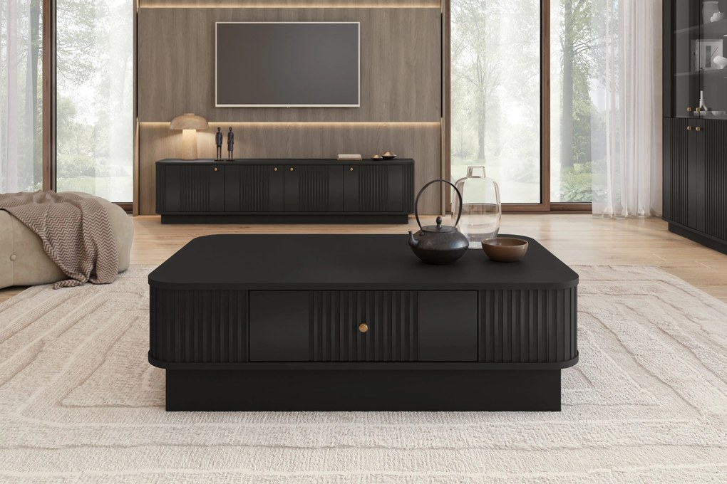 Măsuță de cafea Vesper 103x60 cm cu sertar pe plintă - negru / mâner auriu