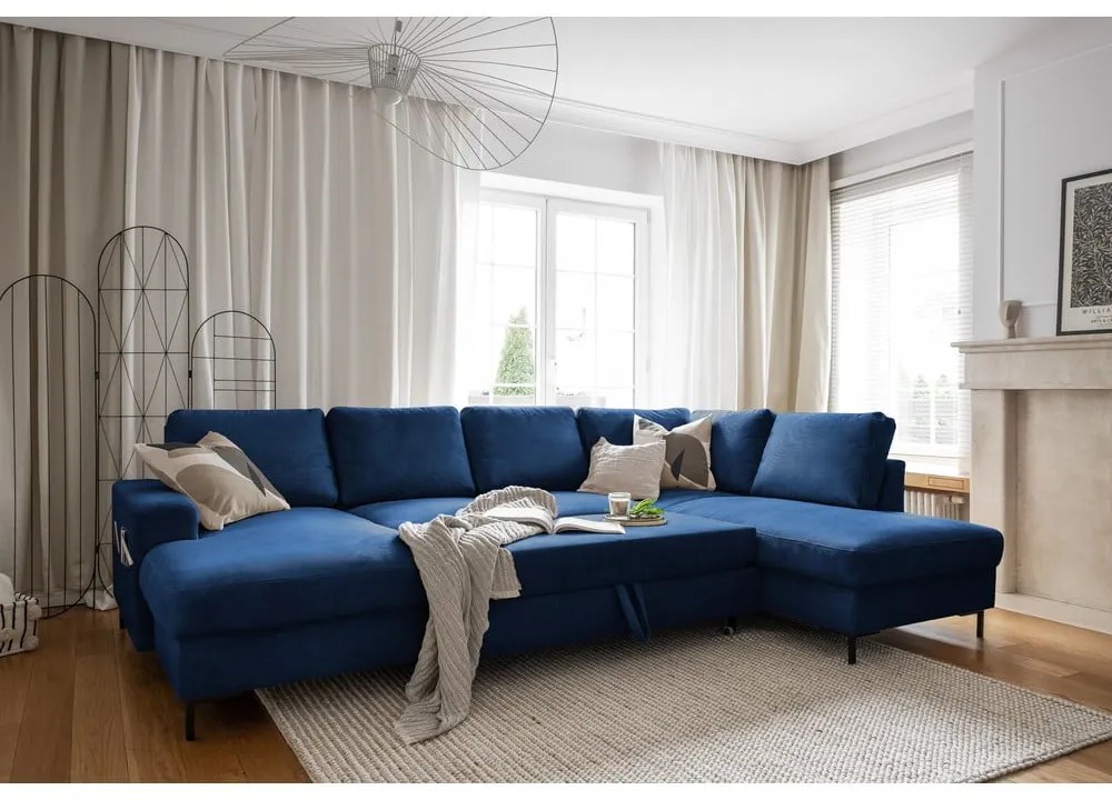 Colțar albastru închis extensibil cu tapițerie din catifea reiată (cu colț pe partea dreaptă) Lofty Lilly – Miuform