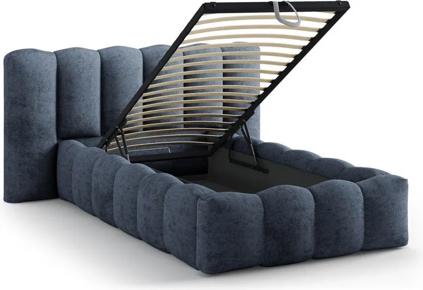 Pat albastru închis tapițat cu spațiu de depozitare cu somieră 90x200 cm Lupine – Micadoni