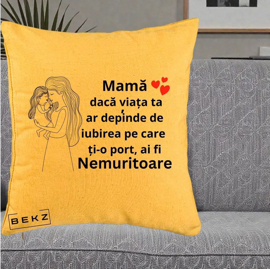 Cadou pentru Mama - Perna Personalizata Mama Nemuritoare cu Copilul in Poala, 40x40 cm, Galben, Husa Detasabila, Perna Inclusa, BEKZ®