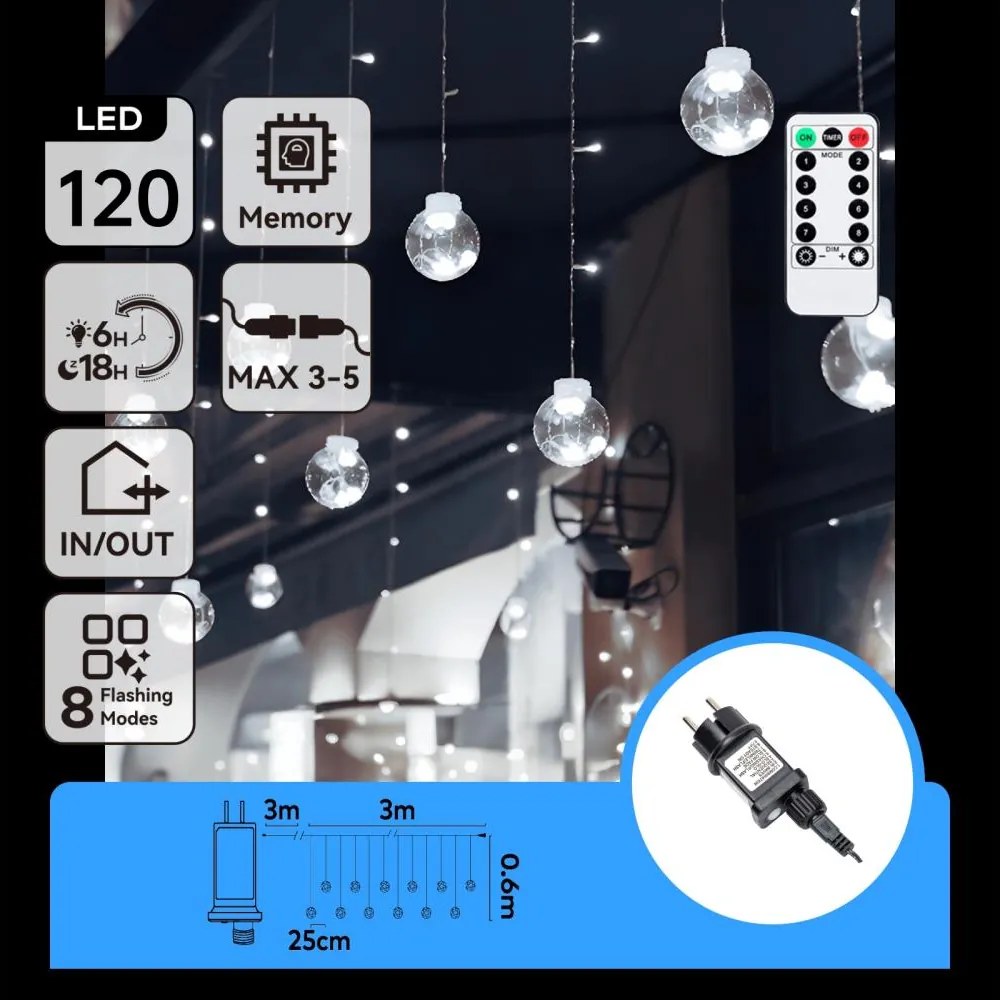 Aigostar - LED ghirlandă de Crăciun pentru exterior 120xLED/6W/230V/8 funcții 3x0,6m IP44 alb rece+telecomandă