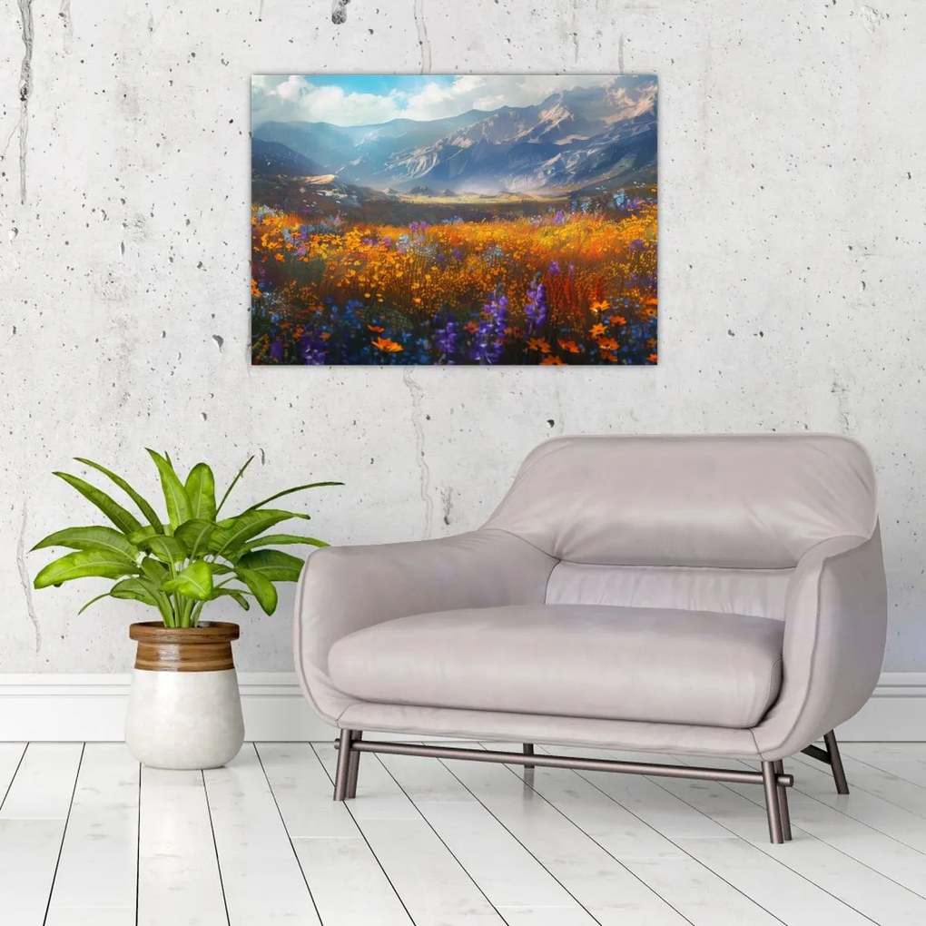 Tablou pe sticlă - Peisaj montan pictat II. (70x50 cm)
