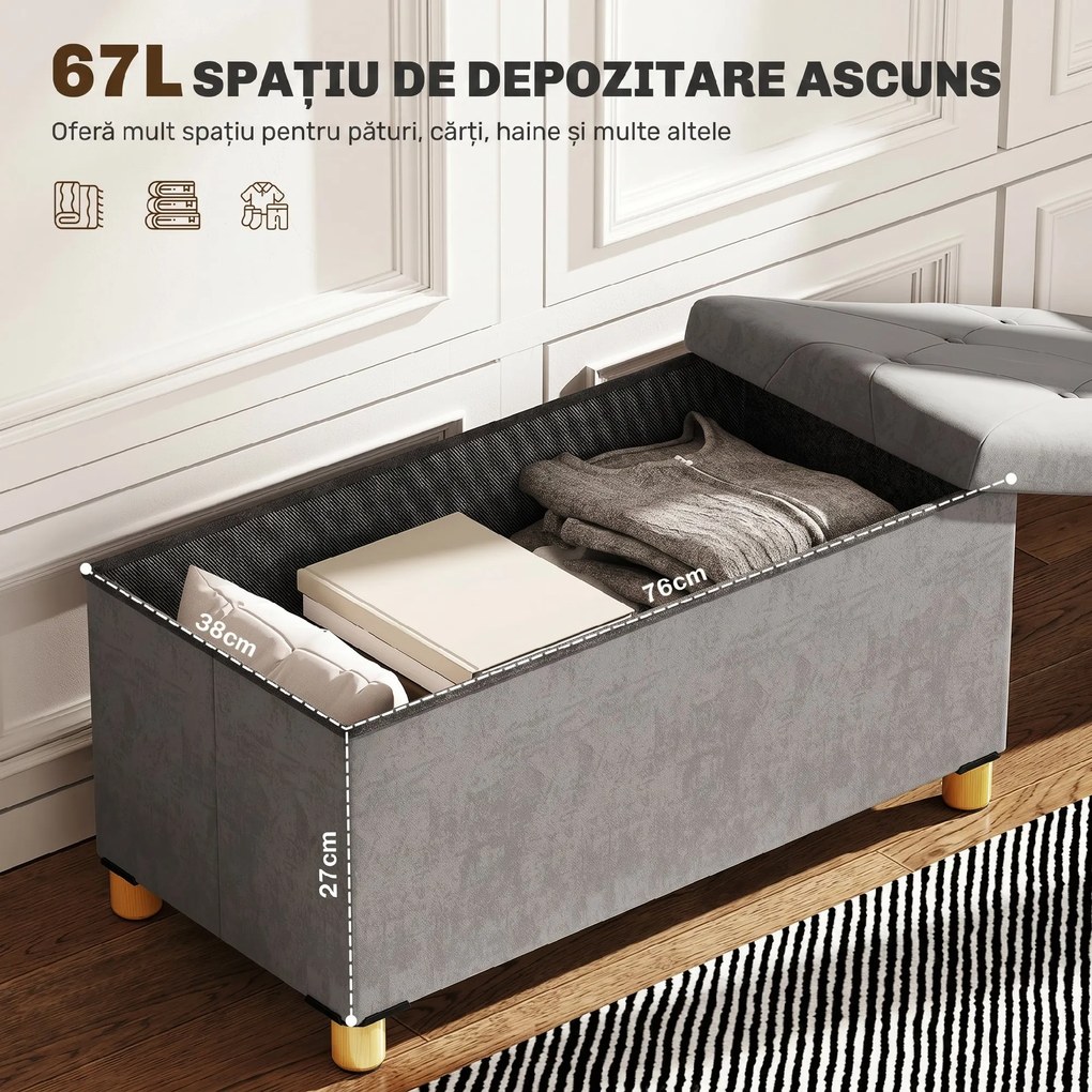 HOMCOM Bancă Depozitare Pliabil 67l Capac Căptușit In Catifea Gri | Aosom Romania