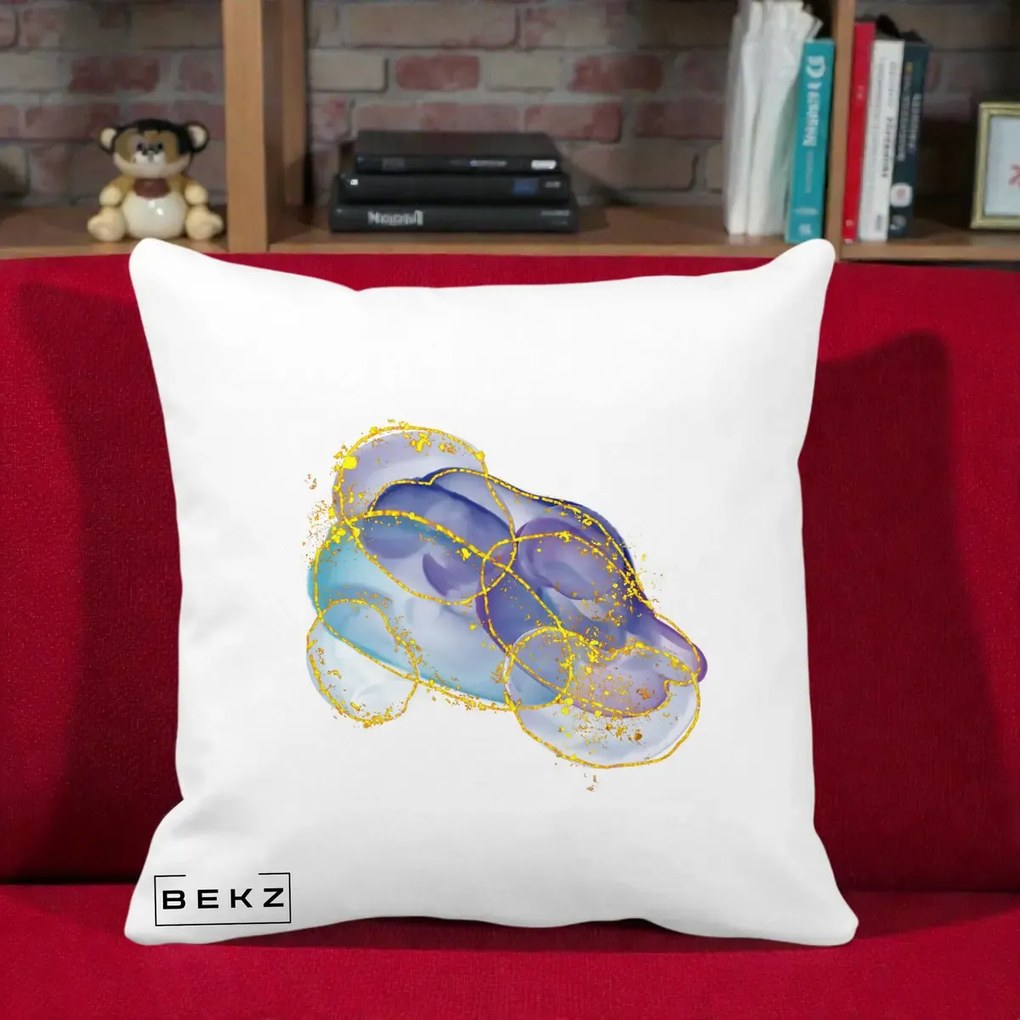 Perna Decorativa Abstract Acuarela Albastru-Mov cu Cercuri Aurii, 40x40 cm, Alba Mata, Husa Detasabila, Perna Inclusa, BEKZ®