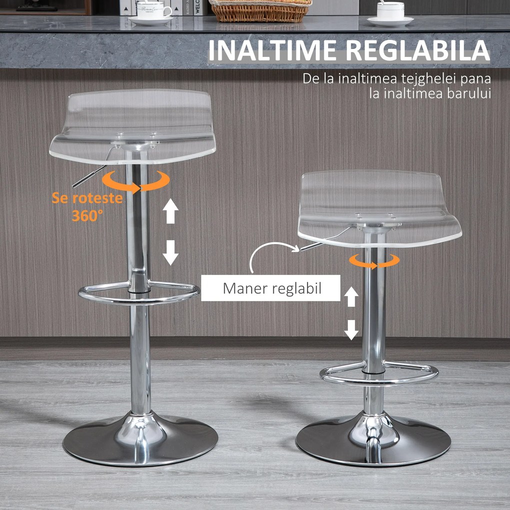 HOMCOM Scaune Bar 2 piese cu Înălțime Reglabilă, Șezut Rotativ și Suport pentru Picioare, 39x39x67-87 cm, Transparent | Aosom Romania