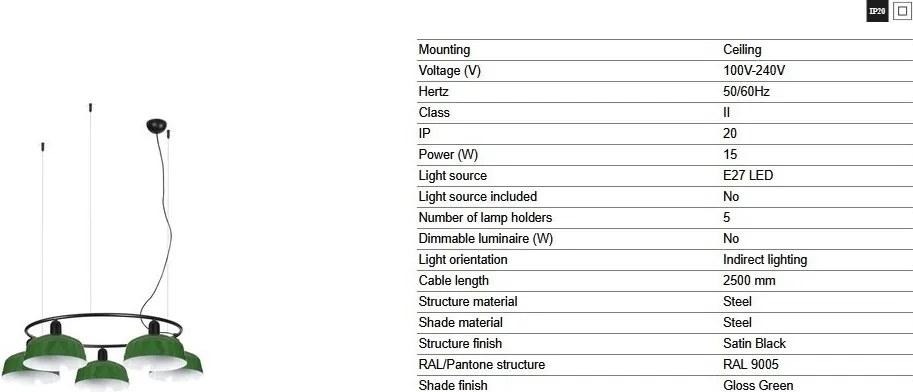 Lustra suspendata metal TATAWIN M 5L negru, verde
