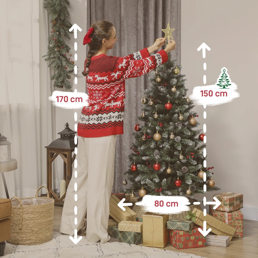 HOMCOM Brad de Crăciun Înnzăpezit Înalt de 150 cm cu 398 Ramuri, Brad Artificial de Interior cu Conuri și Boabe Roșii Decorative, Bază Metalică, Verde | Aosom Romania