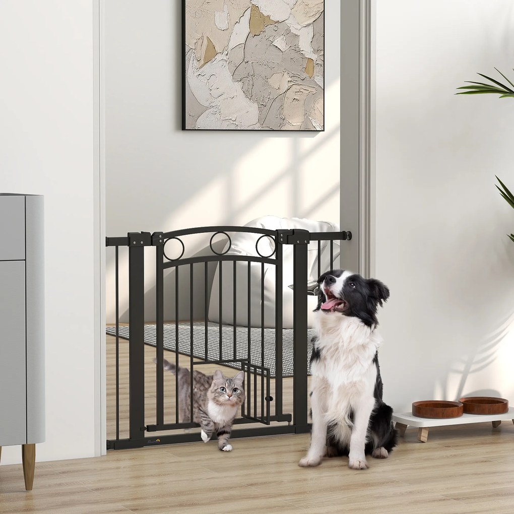PawHut Poartă pentru animale de companie, grilaj pentru scări 77 cm, lățime reglabilă 76-104 cm, cu ușă pentru pisici, pentru scări și deschideri de ușă, Negru | Aosom Romania