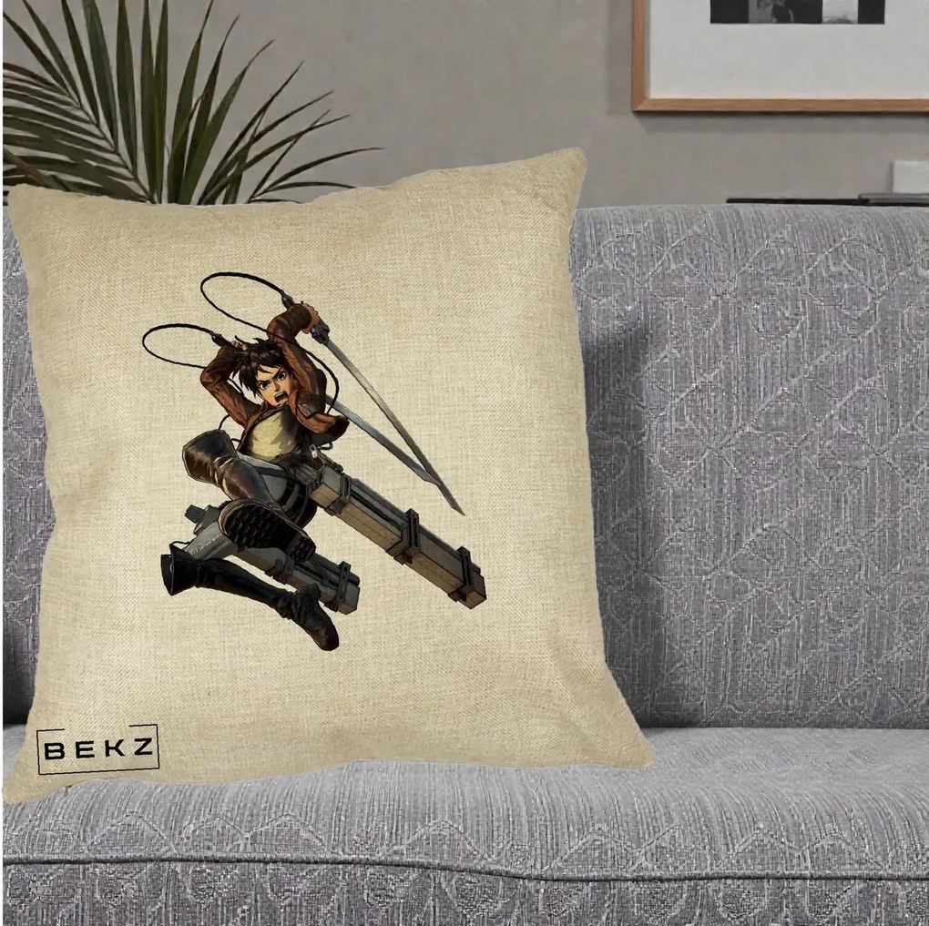 Perna Personalizata Attack on Titan Eren Yeager Lupta, 40x40 cm, Crem, Husa Detasabila, Perna Inclusa, BEKZ®
