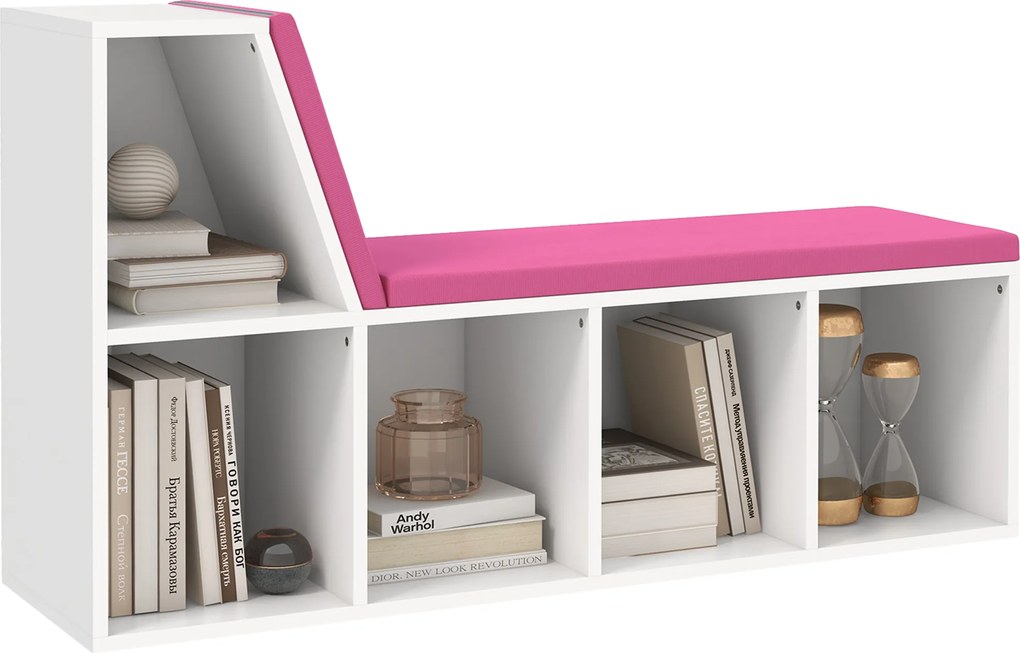 HOMCOM Bibliotecă-bancă 2 în 1 cu 5 compartimente de depozitare și 2 perne 108 x 30 x 60 cm alb roz | Aosom Romania