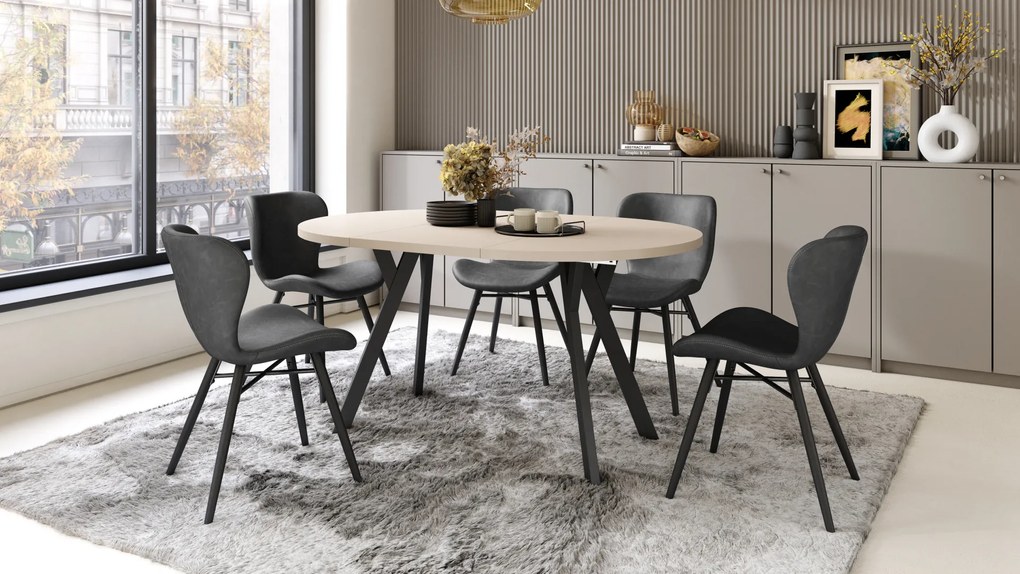 Mazzoni ALMO Bej/picioare negre - MASĂ ROTUNDĂ EXTENSIBILĂ CU PICIOARE ÎN FORMĂ DE Y STIL LOFT PENTRU SALON/SUFRAGERIE