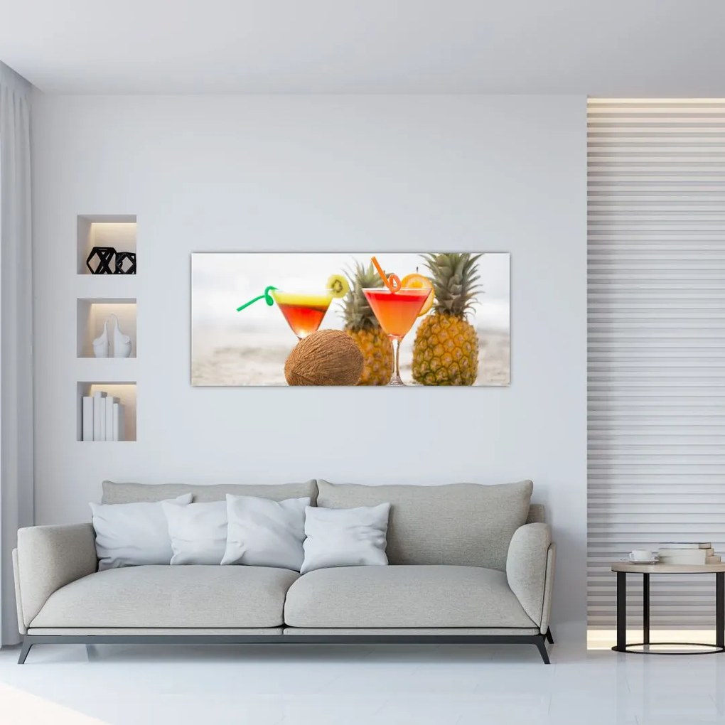 Tablou cu ananas și pahare pe plajă (120x50 cm)