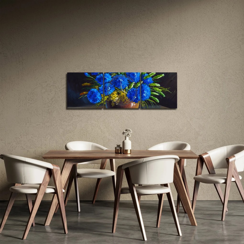 Tablou - Flori albastre în vază (cu ceas) (90x30 cm)