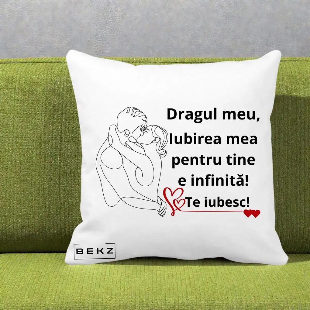 Cadou pentru Iubit - Perna Personalizata Dragul Meu Iubirea Mea pentru Tine e Infinita Te Iubesc, 40x40 cm, Alba Mata, Husa Detasabila, Perna Inclusa, BEKZ®