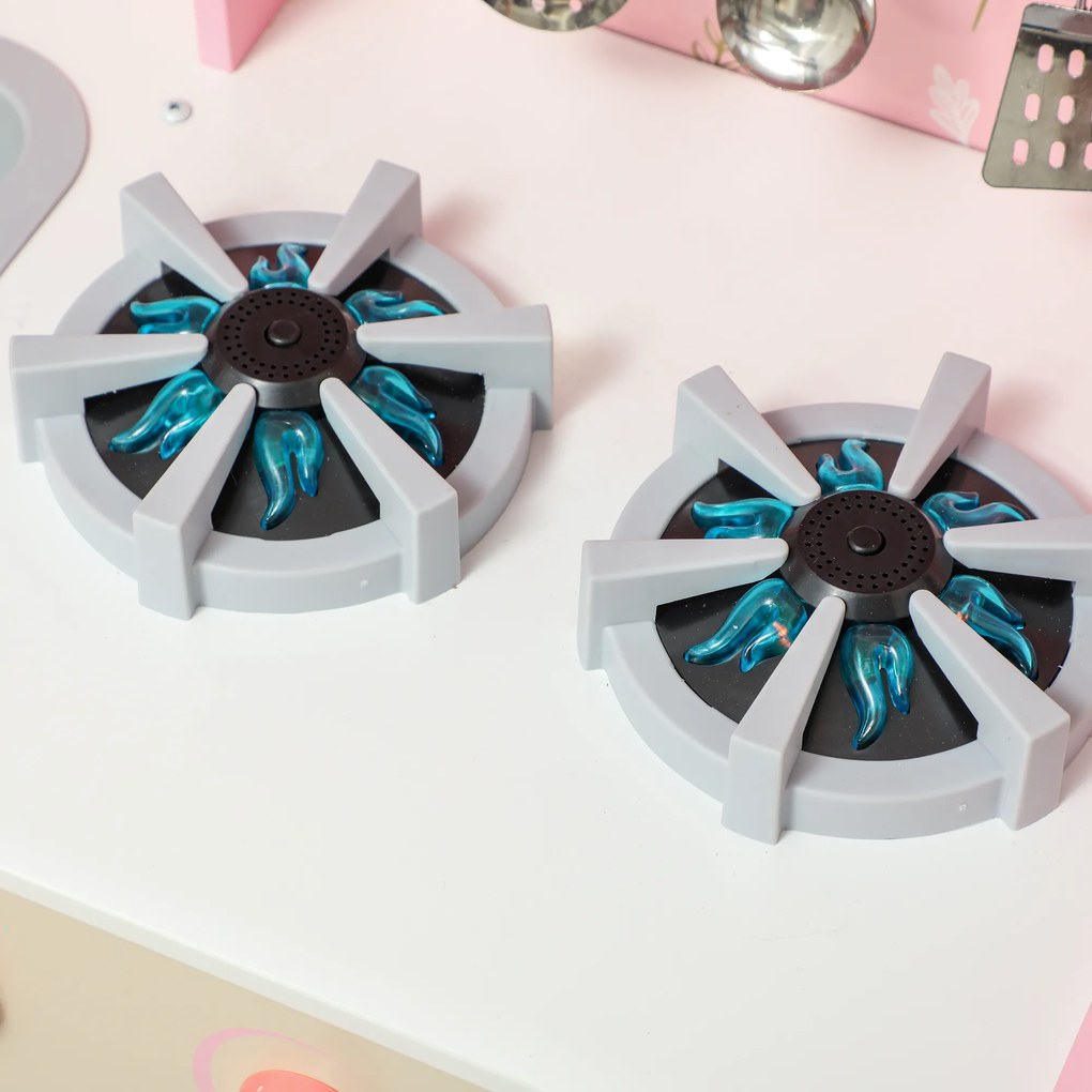 AIYAPLAY Bucătărie din lemn pentru copii cu sunet Arzător Cuptor Robinet Chiuvetă Microunde Mașină de spălat Mașină de gheață Roz | Aosom Romania