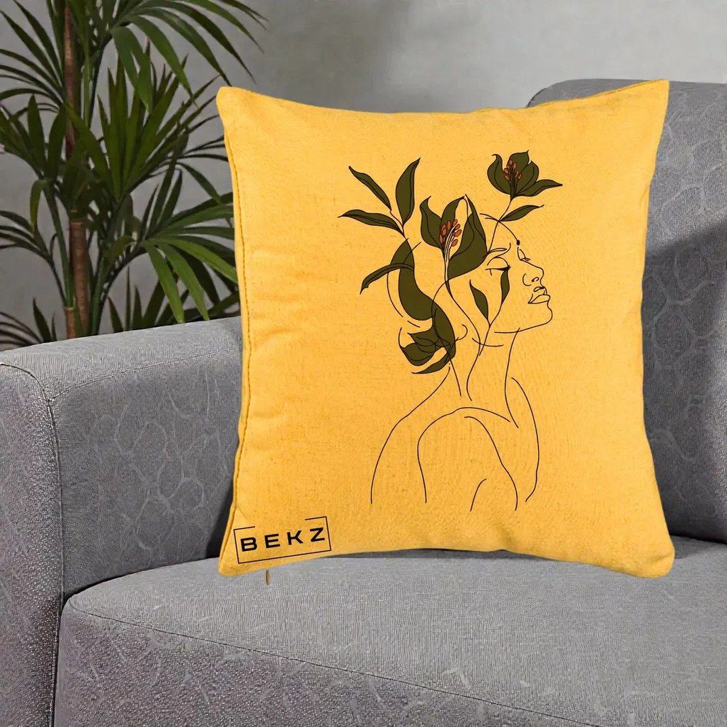 Perna Decorativa Portret Feminin Crin Verde, 40x40 cm, Galben, Husa Detasabila, Perna Inclusa, BEKZ®