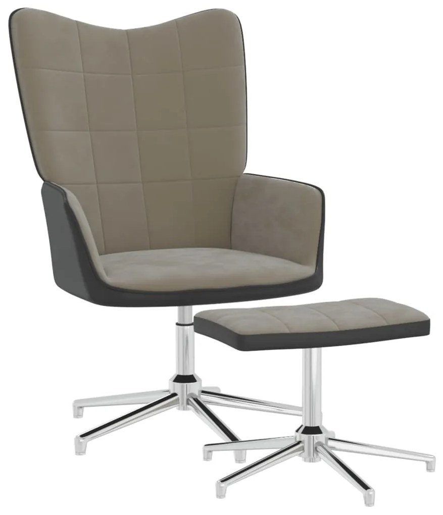 327864 vidaXL Scaun de relaxare cu taburet, gri deschis, catifea și PVC