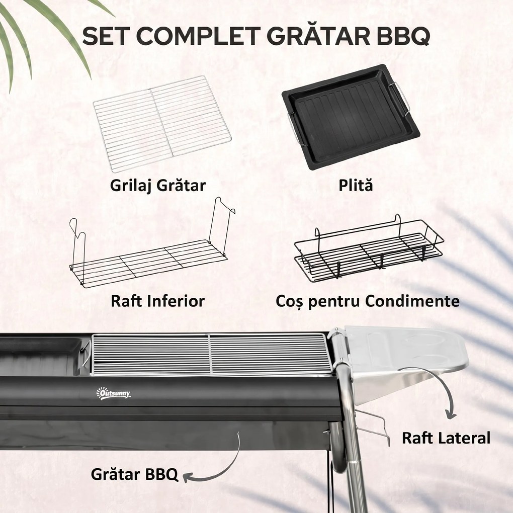 Outsunny Gratar portabil cu carbune, Gratar cu plita, asamblare usoara, Aragaz din otel inoxidabil cu cosuri de condimente | Aosom Romania