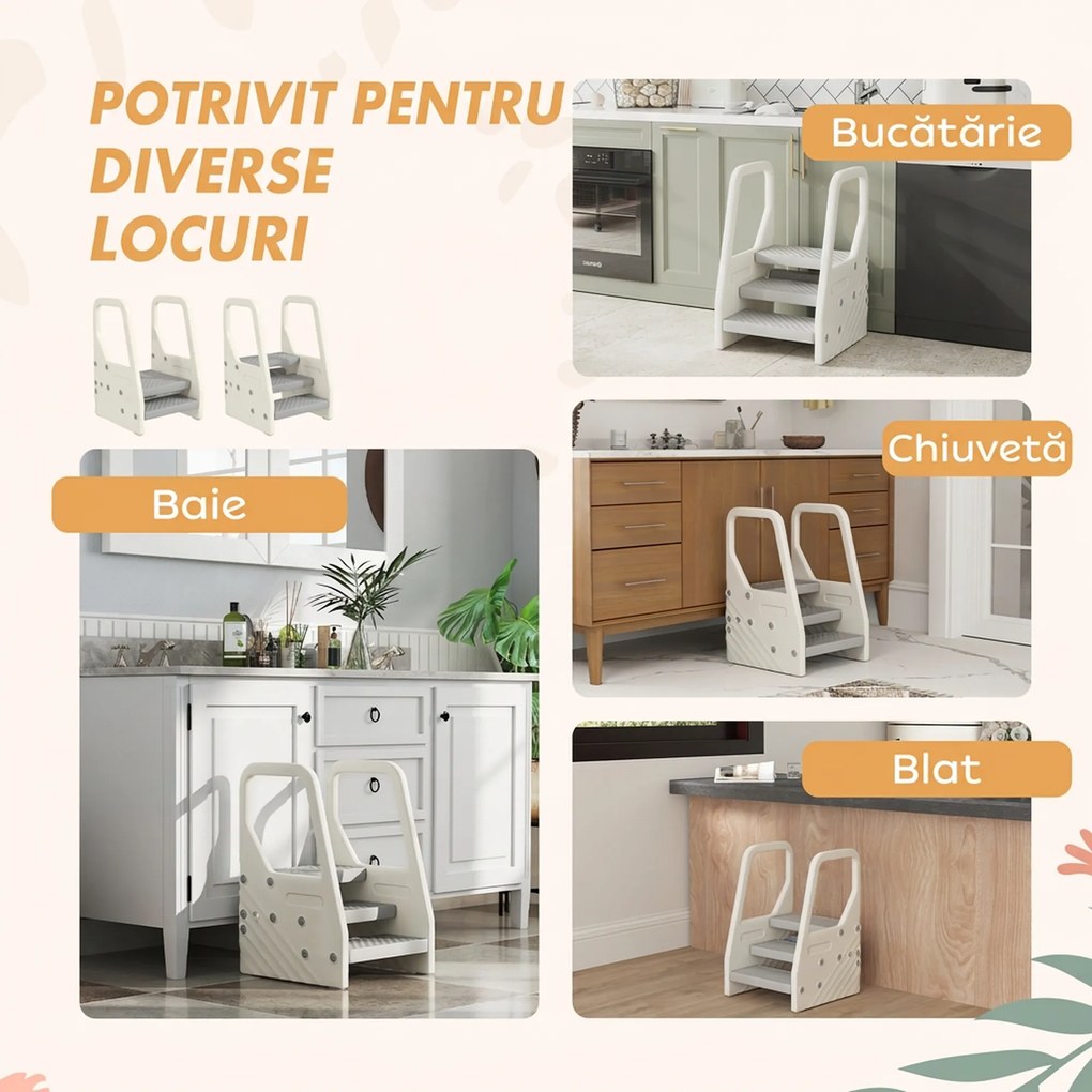 AIYAPLAY Turnuleț pentru Copii 2-5 Ani cu 3 Trepte Reglabile și Tălpi Antiderapante, 43x42x65,5 cm, Gri | Aosom Romania