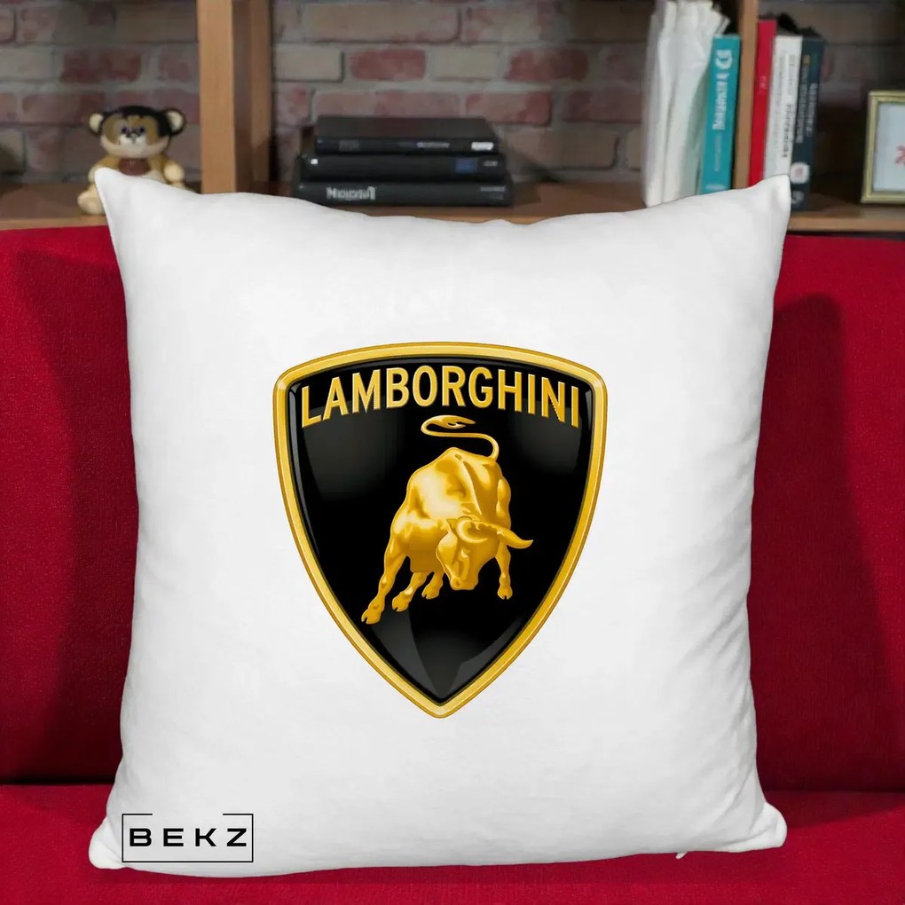 Perna Personalizata cu emblema Lamborghini, 40x40 cm, Alb Pufos, Husa Detasabila, Perna Inclusa, BEKZ®
