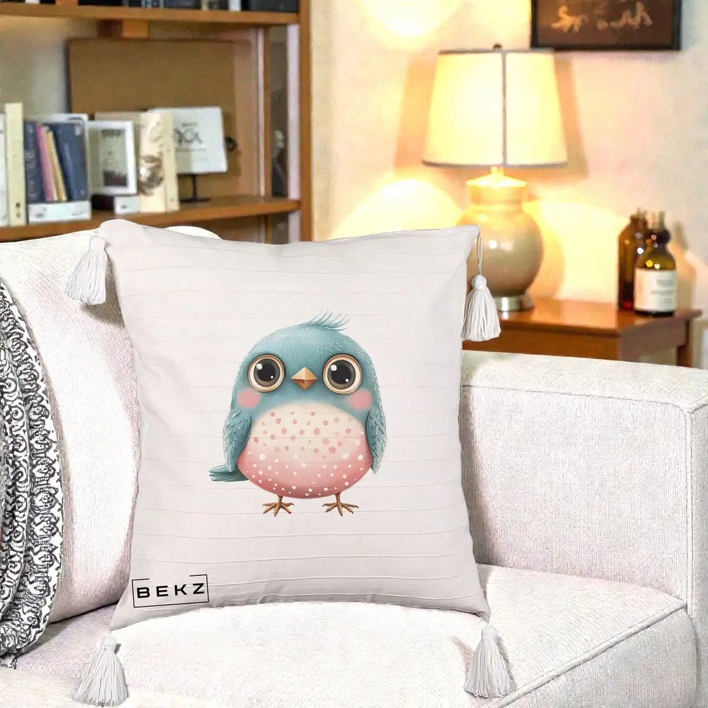 Perna Decorativa Pasare Teal-Roz cu Pete, 40x40 cm, Bej cu Franjuri, Husa Detasabila, Perna Inclusa, BEKZ®