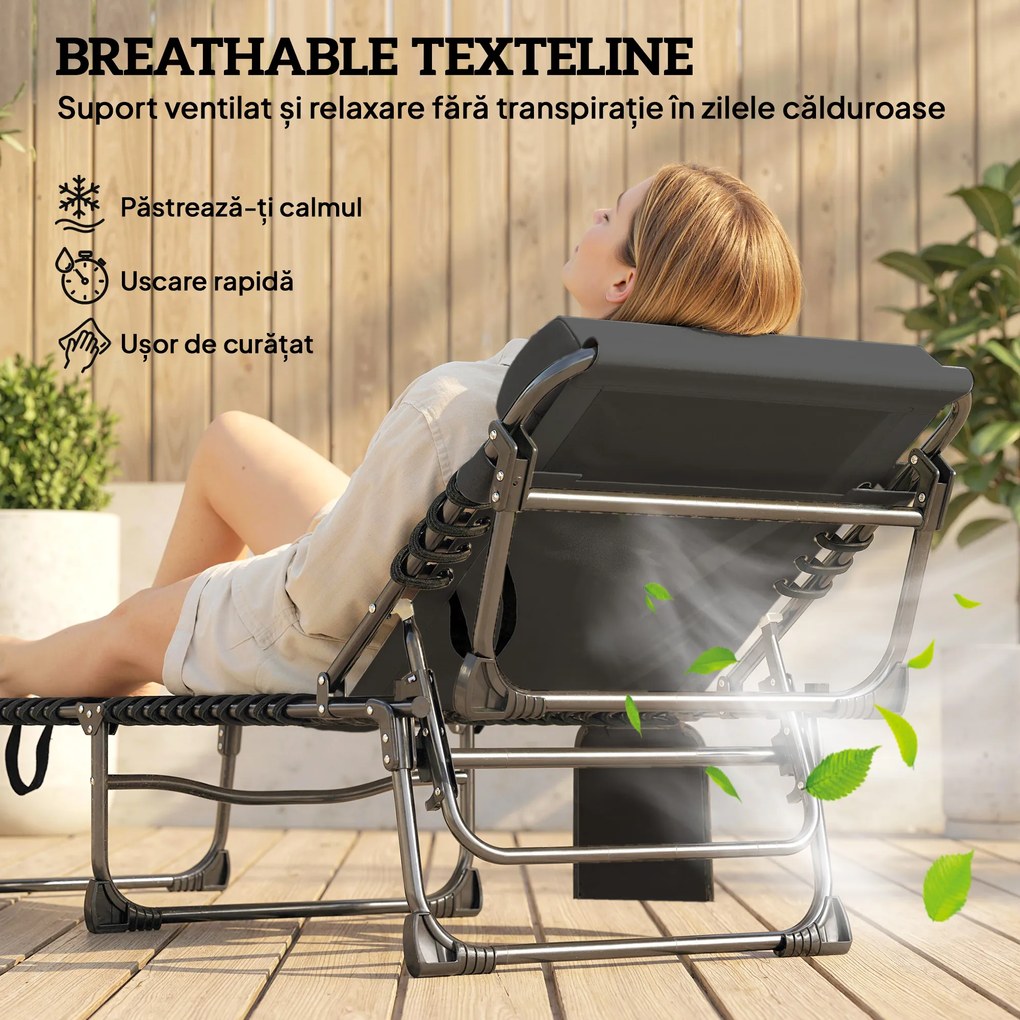 Outsunny Set de 2 Șezlonguri de Grădină Pliabile, Reglabile pe 5 Niveluri, cu Perne, Șezlonguri Textilenă cu Buzunar Lateral, Mâner, pentru Plajă, Piscină, 57x200x38 cm, Negru | Aosom Romania