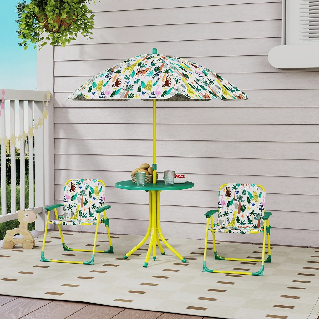 AIYAPLAY Masă de Picnic pentru Copii, Set Masă și Două Scaune Pliabile cu Umbrelă Demontabilă, Tematică Jungle, Mobilier de Exterior pentru Grădină, Terasă, Verde | Aosom Romania