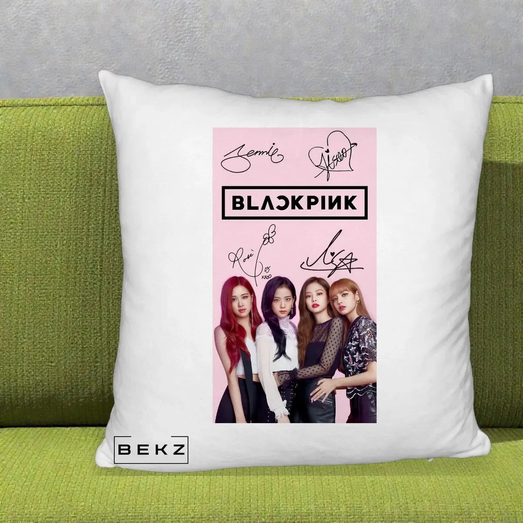 Perna Personalizata K-pop BLACKPINK Semnaturi si Foto, 40x40 cm, Alb Pufos, Husa Detasabila, Perna Inclusa, BEKZ®