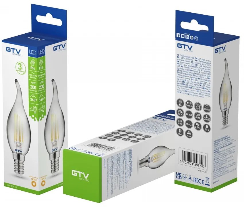 Bec cu filament E14, cu lumină albă caldă 4 W – GTV