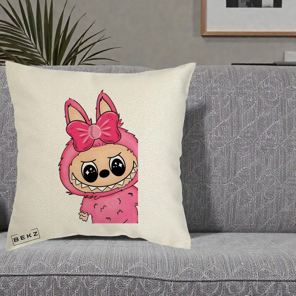 Perna Personalizata Labubu Roz cu Funda, 40x40 cm, Ecru, Husa Detasabila, Perna Inclusa, BEKZ®