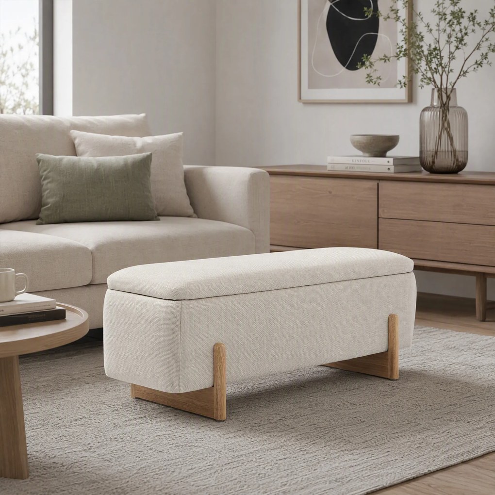 HOMCOM Banchetă cu Depozitare 111x44x44,5 cm, Șezut Tapițat, Material cu Efect de In, Picioare din Lemn, 150 kg, Crem | Aosom Romania