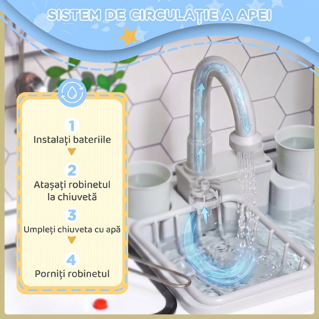 AIYAPLAY Set de Bucătărie de Jucărie din Lemn cu Aragaz cu Lumini și Sunete, Chiuvetă cu Circulație a Apei și Accesorii, Alb | Aosom Romania