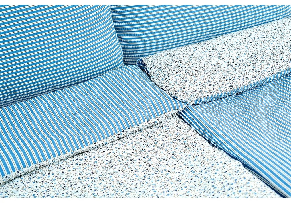 Stanex Lenjerie de pat creponată Flori-dungă albastră, 140 x 220 cm, 70 x 90 cm