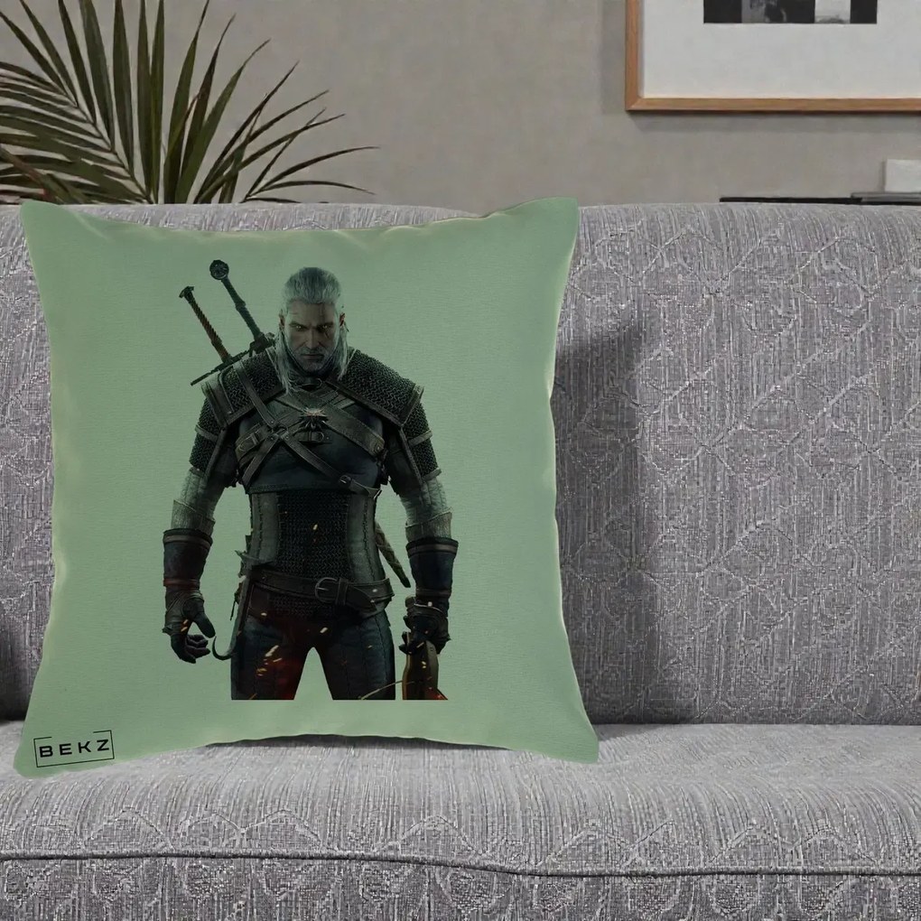 Perna Personalizata The Witcher Geralt of Rivia Portret, 40x40 cm, Verde, Husa Detasabila, Perna Inclusa, BEKZ®