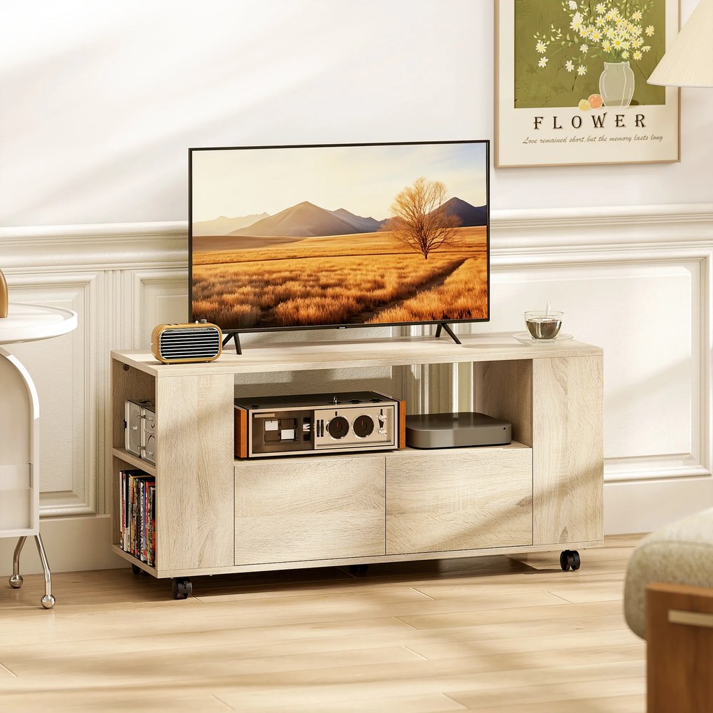 HOMCOM Suport pentru TV de 42" cu Roți Pivotante și Frână, Rafturi Ajustabile și Sertare, 102x34.5x48.5 cm, Lemn | Aosom Romania