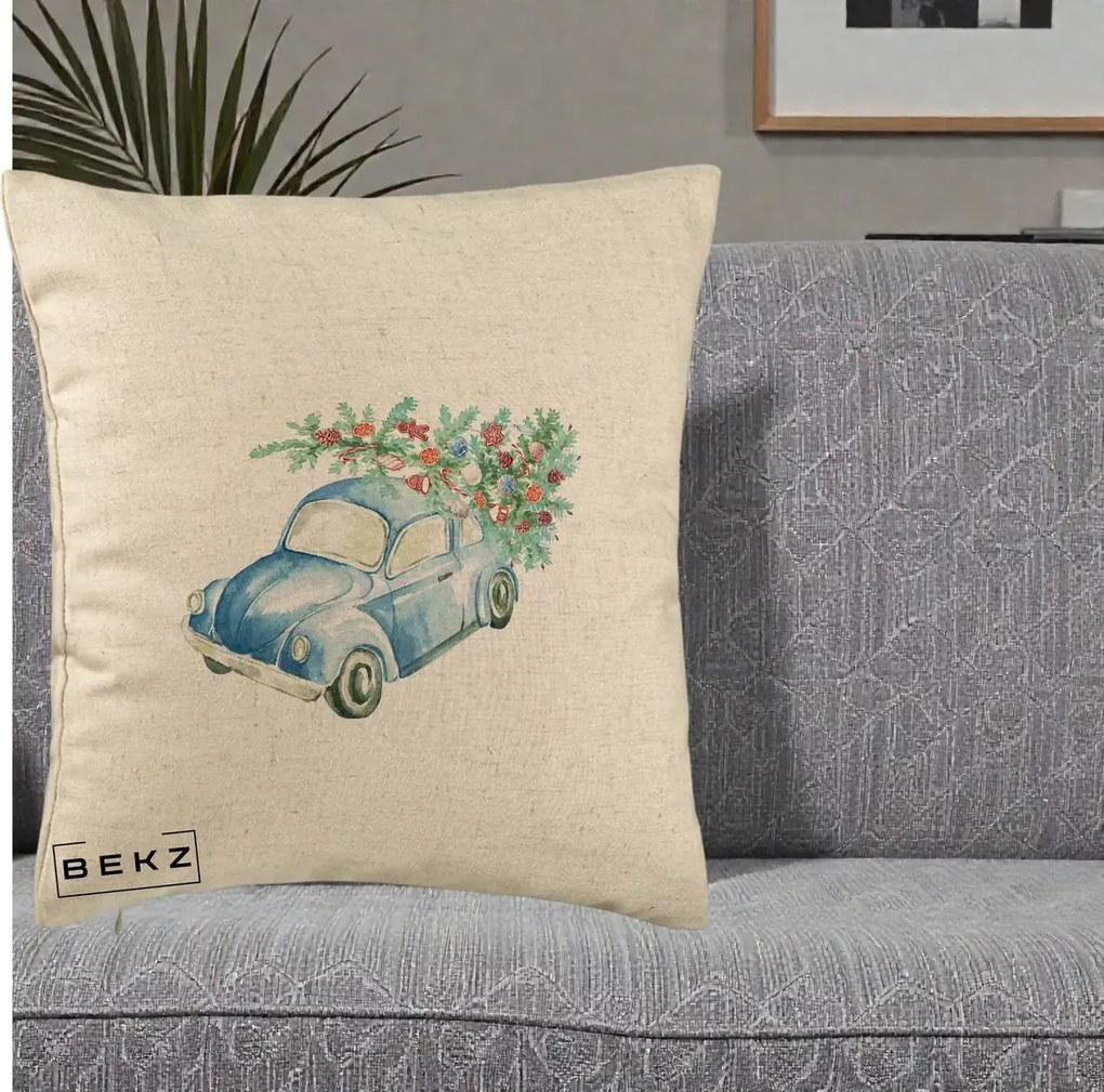 Perna Decorativa Masinuta Albastra cu Brad de Craciun, 40x40 cm, Bej, Husa Detasabila, Perna Inclusa, BEKZ®