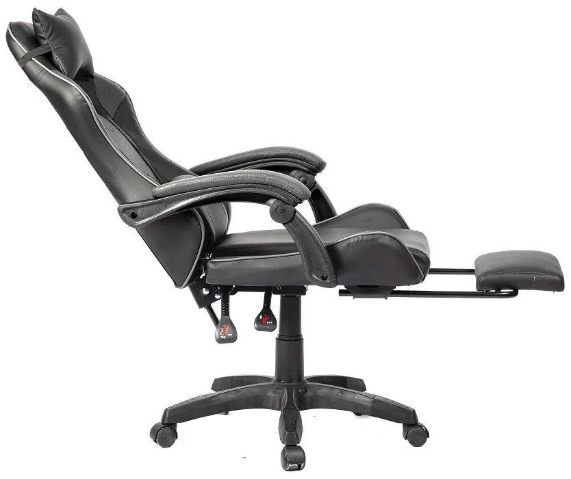 Scaun gaming, masaj în perna lombară, suport picioare, PU, Negru/Gri