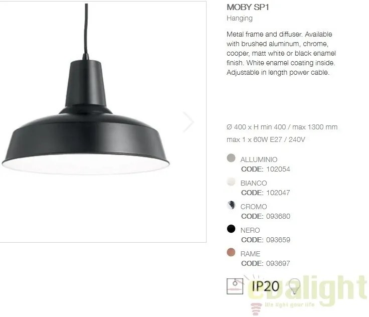 Lustra suspendata / Pendul stil INDUSTRIA Style MOBY SP1 NERO 093659