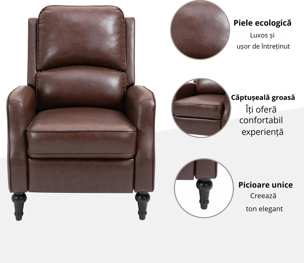 HOMCOM Fotoliu Relax Rabatabil 90° si 150° Manual pentru TV, sufragerie, camera, design modern din piele 73x86x104cm | Aosom Romania