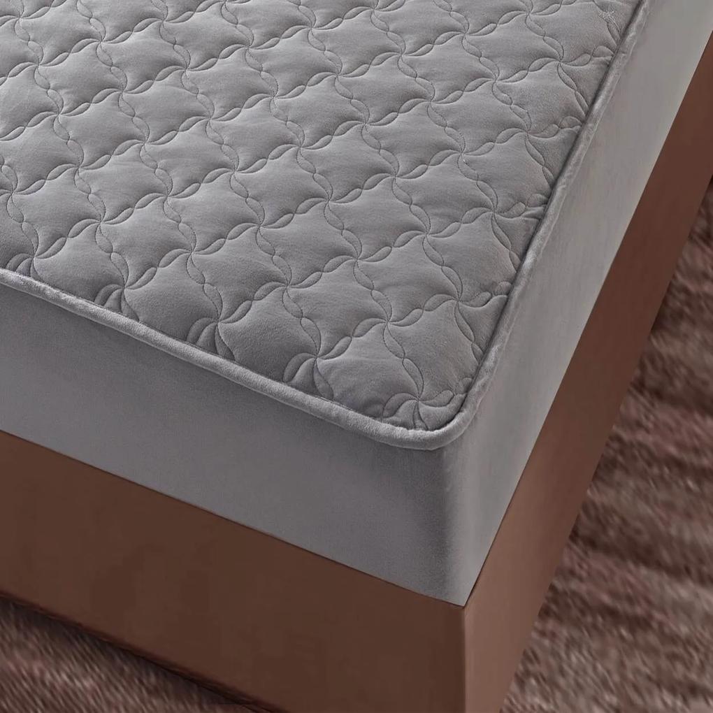 Husa de pat matlasata si 2 fete de perne din catifea, cu elastic, model tip topper, pentru saltea 140x200 cm, gri, HTC-32