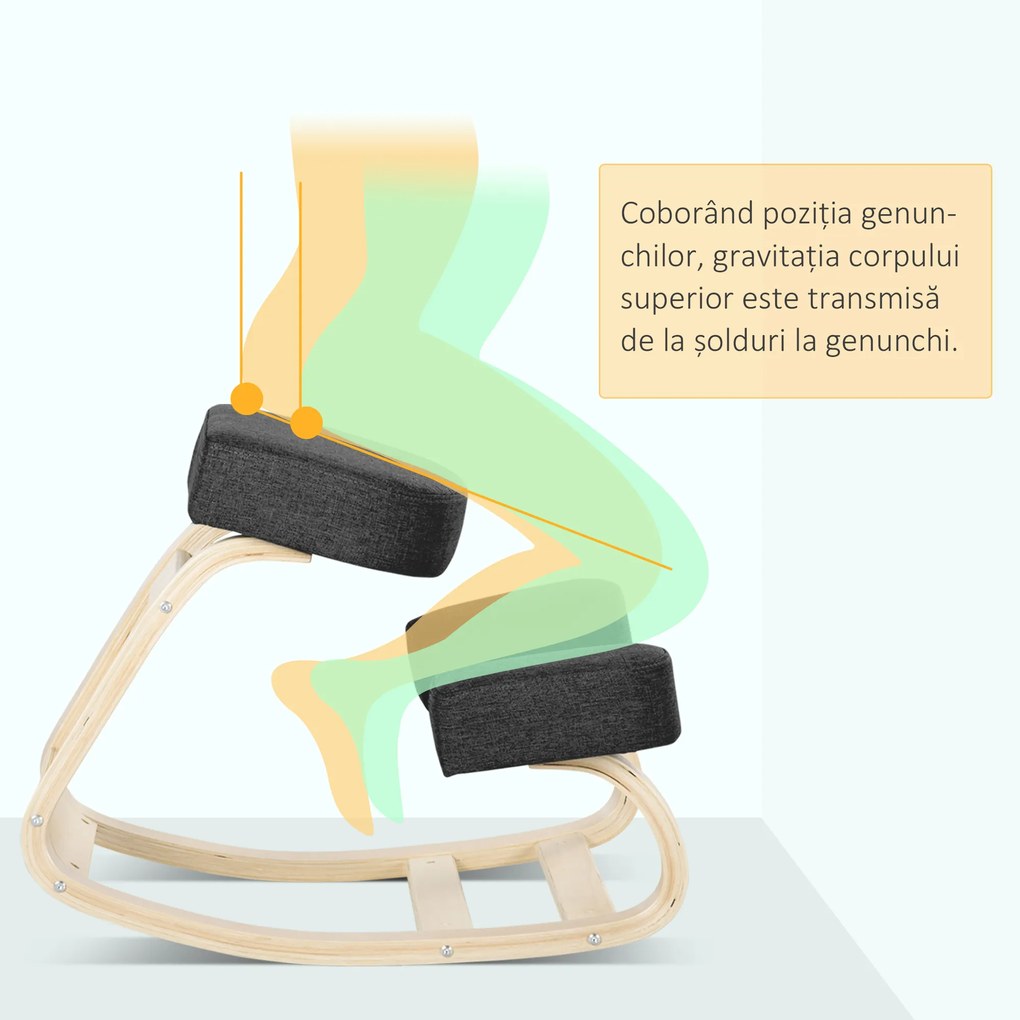 Vinsetto Scaun Ergonomic cu Suport pentru Genunchi din Lemn de Mesteacăn, 51x69x58 cm, Negru | Aosom Romania