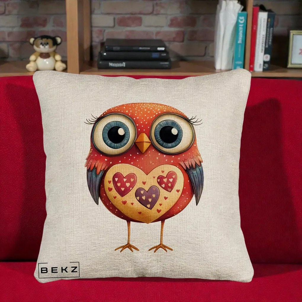Perna Decorativa Bufnita Rosie cu Inimi Aurii, 40x40 cm, Bej Canapea, Husa Detasabila, Perna Inclusa, BEKZ®