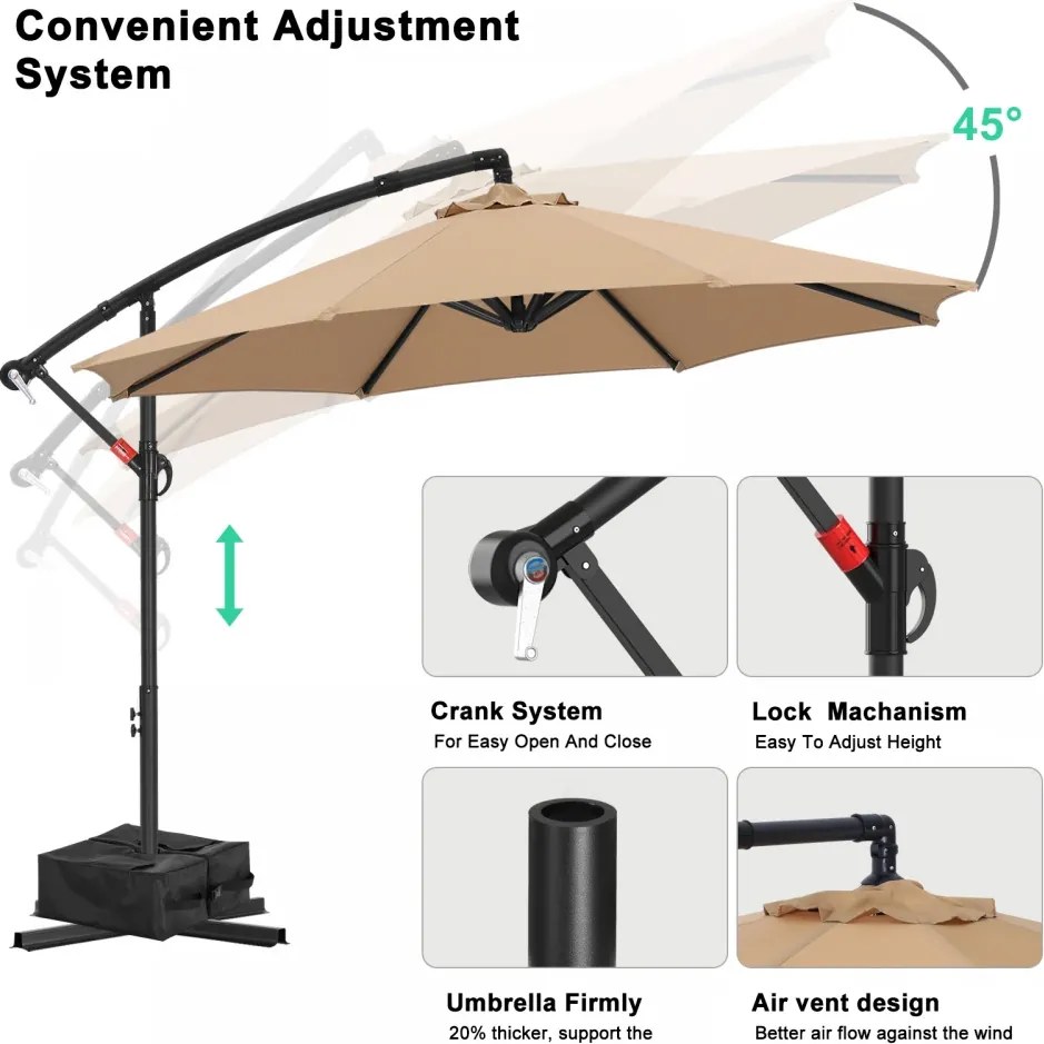 Umbrelă suspendată de grădină, cu braț lateral și manivelă, impermeabilă, protecție UV, bază în cruce inclusă + BONUS sac greutate (weights bag inclus), Kaki