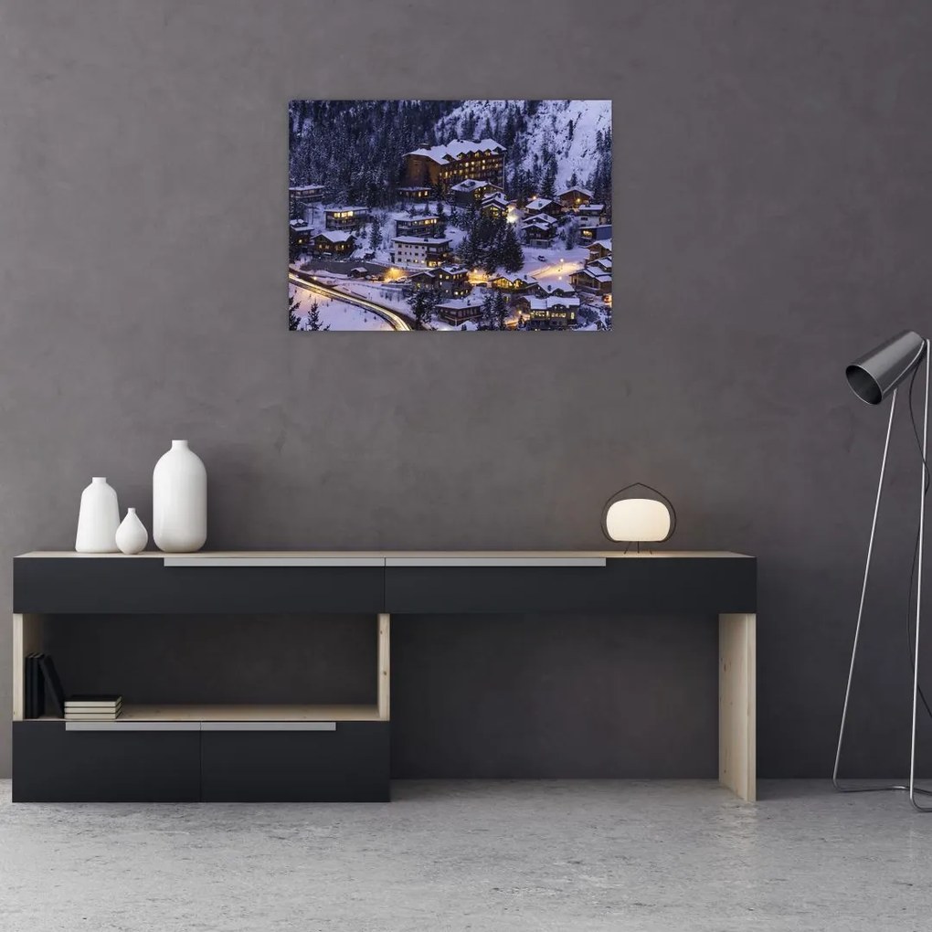 Tablou pe sticlă - orășelul montan iarna (70x50 cm)