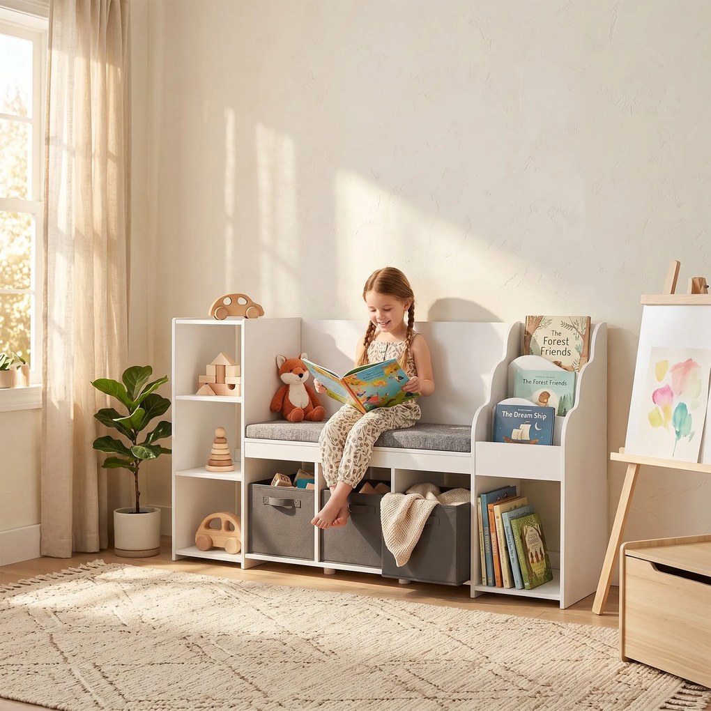 AIYAPLAY Raft Depozitare Jucării Copii 3-8 Ani cu Bibliotecă pe 3 Niveluri, 3 Sertare, 4 Compartimente, Pernă, Alb | Aosom Romania