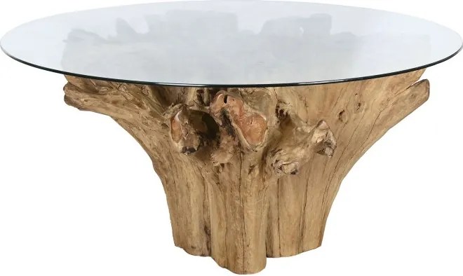 Masă dining rotundă din rădăcină de teak cu blat din sticlă securizată, 160×160×76 cm, „Raiz"